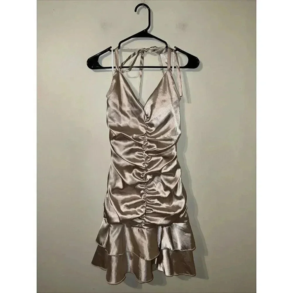Vintage Y2K Jessica McClintock Ruffle Halter Dress Champagne Gold Women Size 10 - Picture 1 of 6